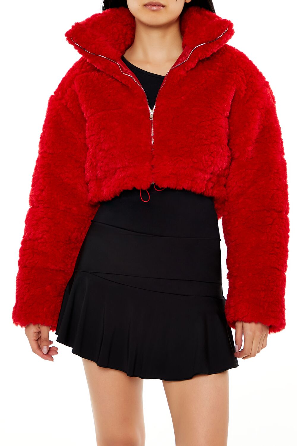  Forever 21 Cropped Faux Shearling Jacket - dark-red-swatch - Bonton