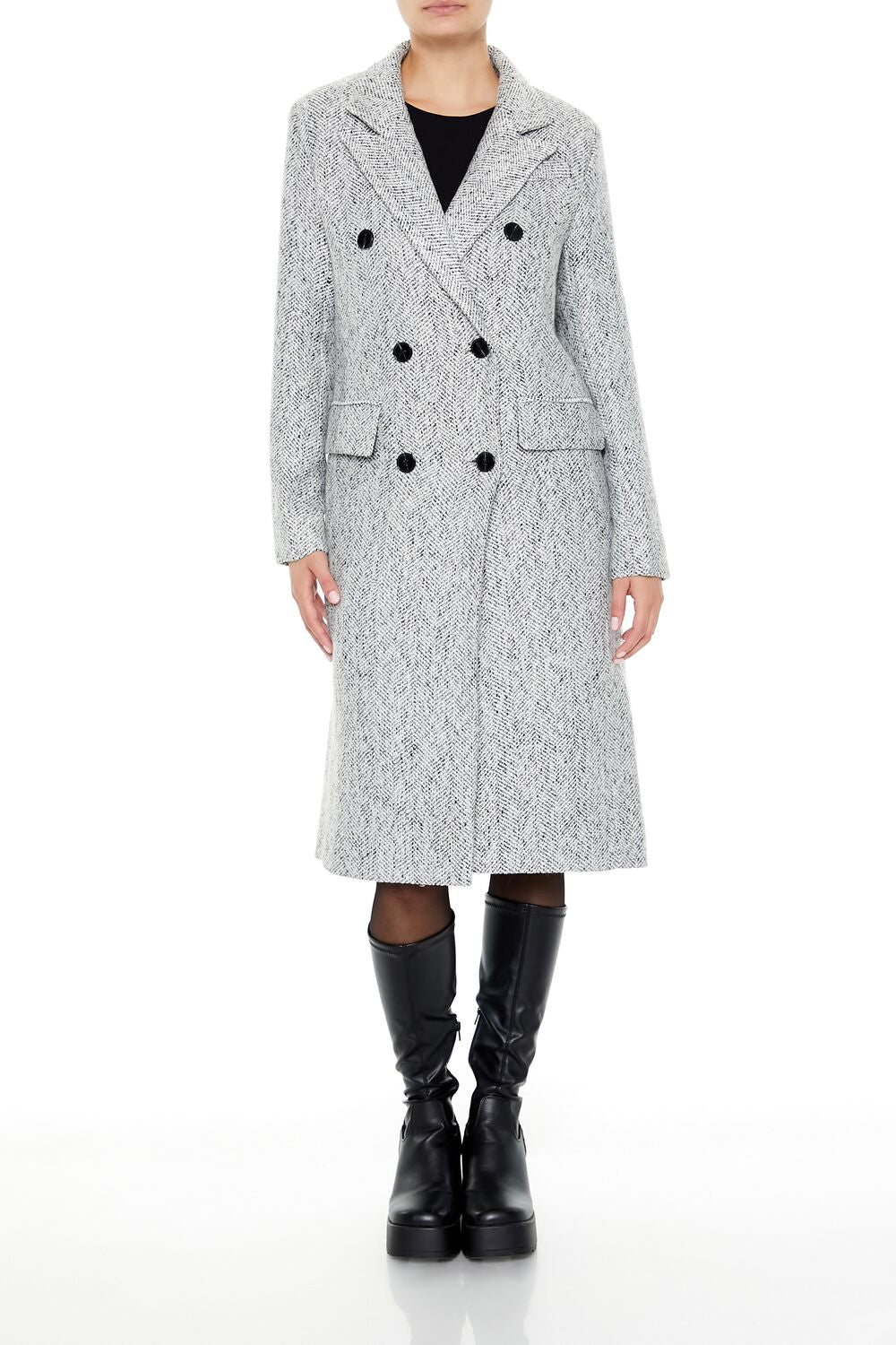  Forever 21 Herringbone Double-Breasted Coat - grey-multi-swatch - Bonton