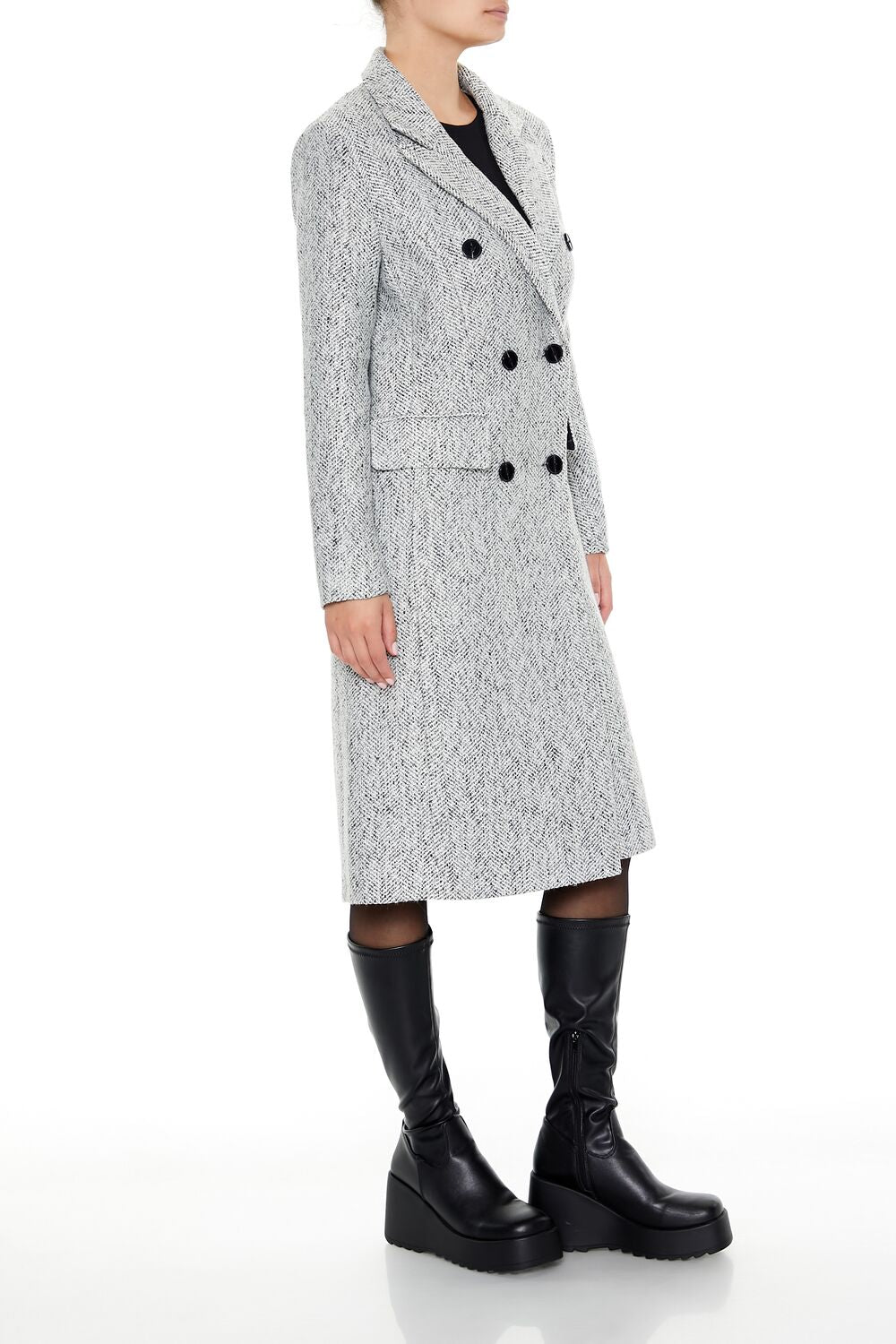  Forever 21 Herringbone Double-Breasted Coat - grey-multi-swatch - Bonton