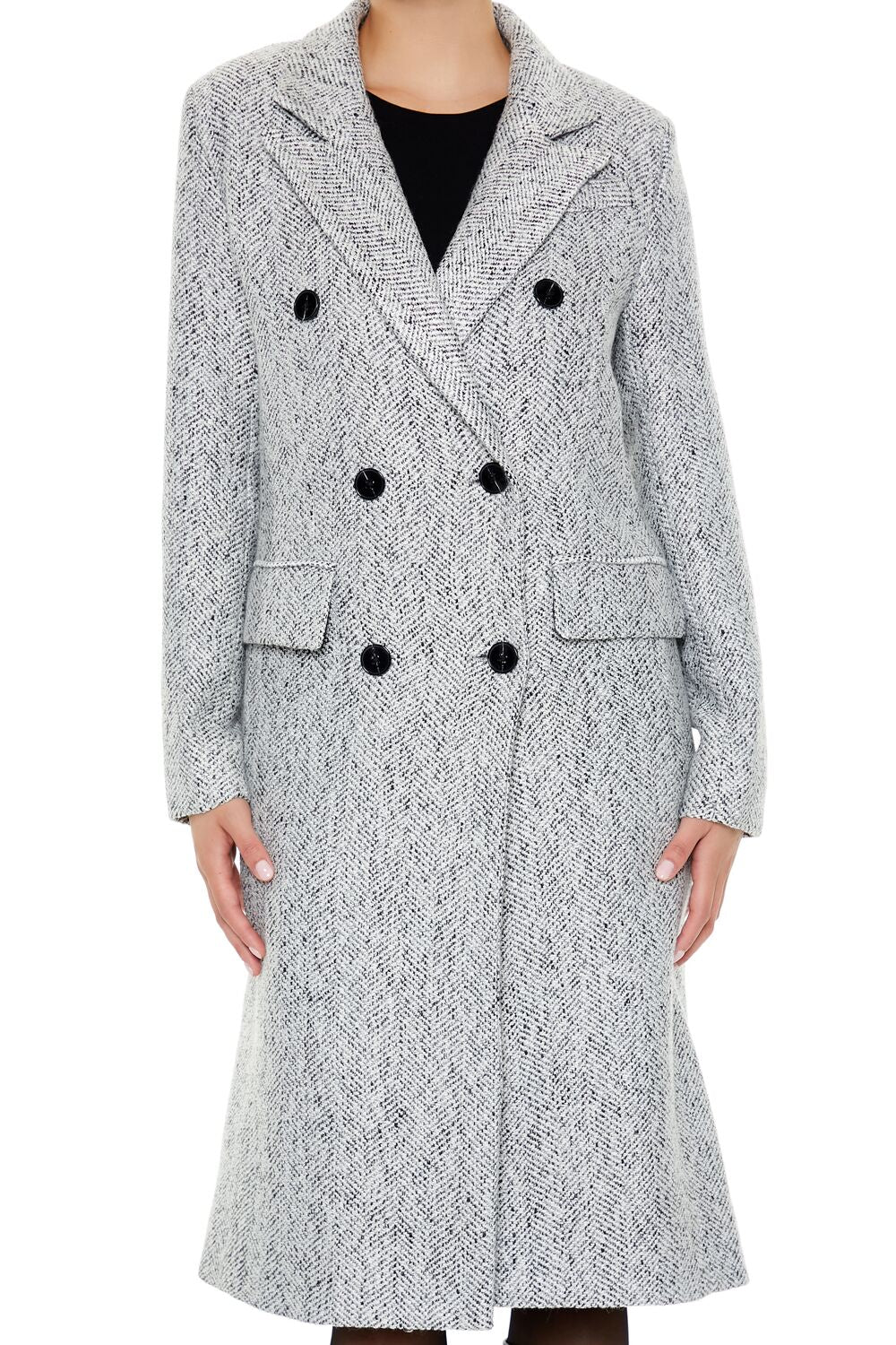  Forever 21 Herringbone Double-Breasted Coat - grey-multi-swatch - Bonton