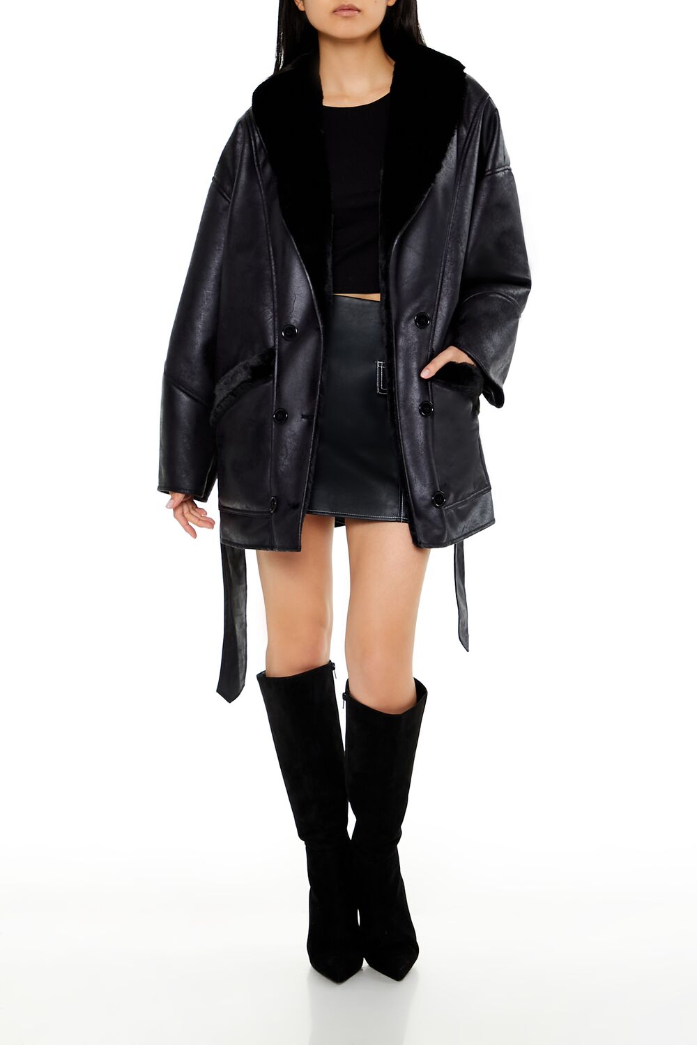  Forever 21 Faux Leather & Fur Trench Coat - black-swatch - Bonton