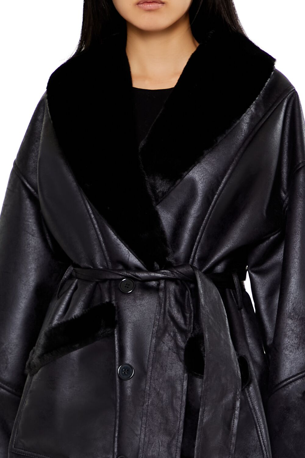  Forever 21 Faux Leather & Fur Trench Coat - black-swatch - Bonton