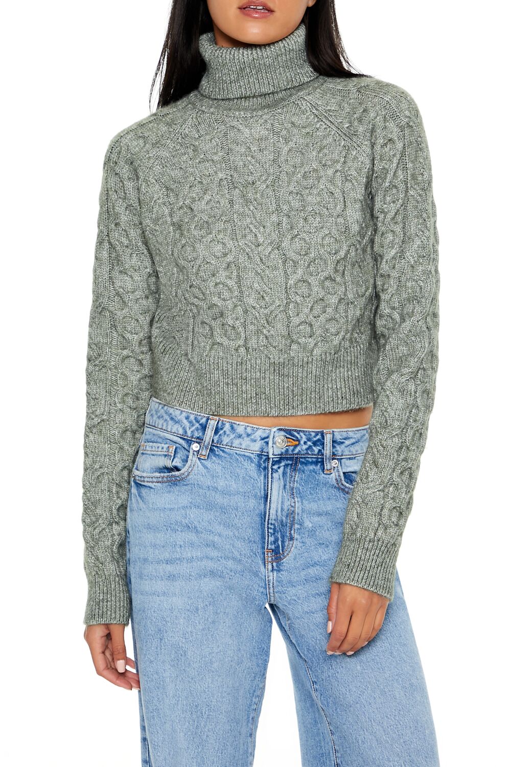  Forever 21 Cropped Cable Knit Turtleneck Sweater - sea green - Bonton