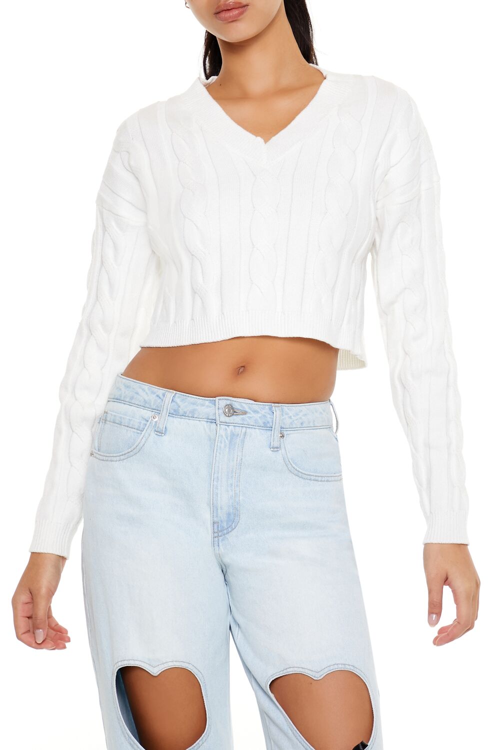  Forever 21 Cropped Cable Knit Sweater - white - Bonton