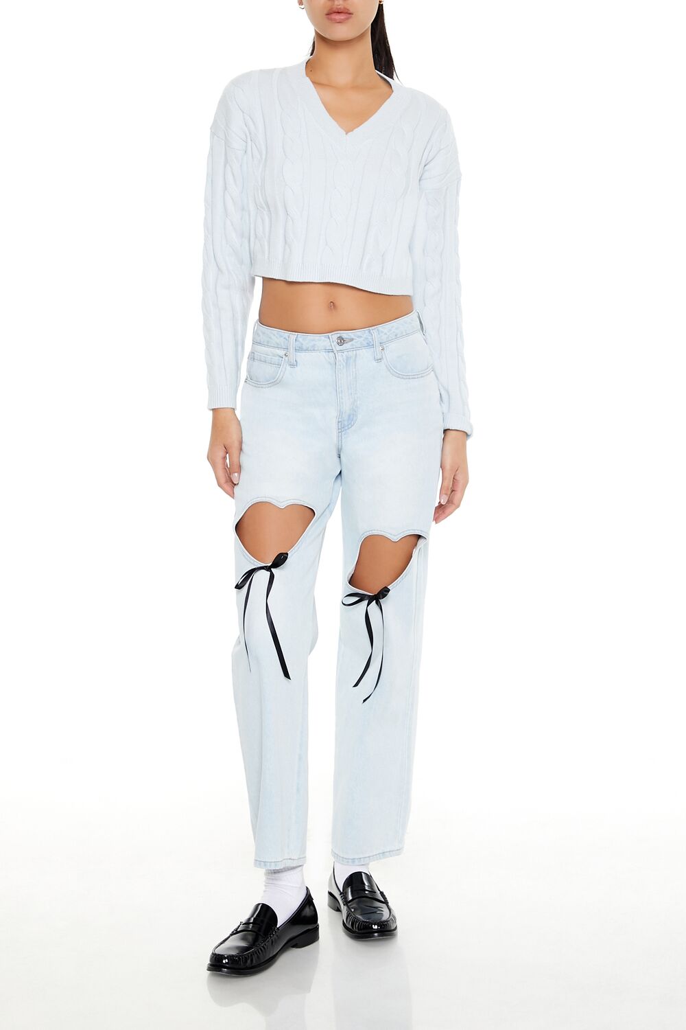 Forever 21 Cropped Cable Knit Sweater - white - Bonton