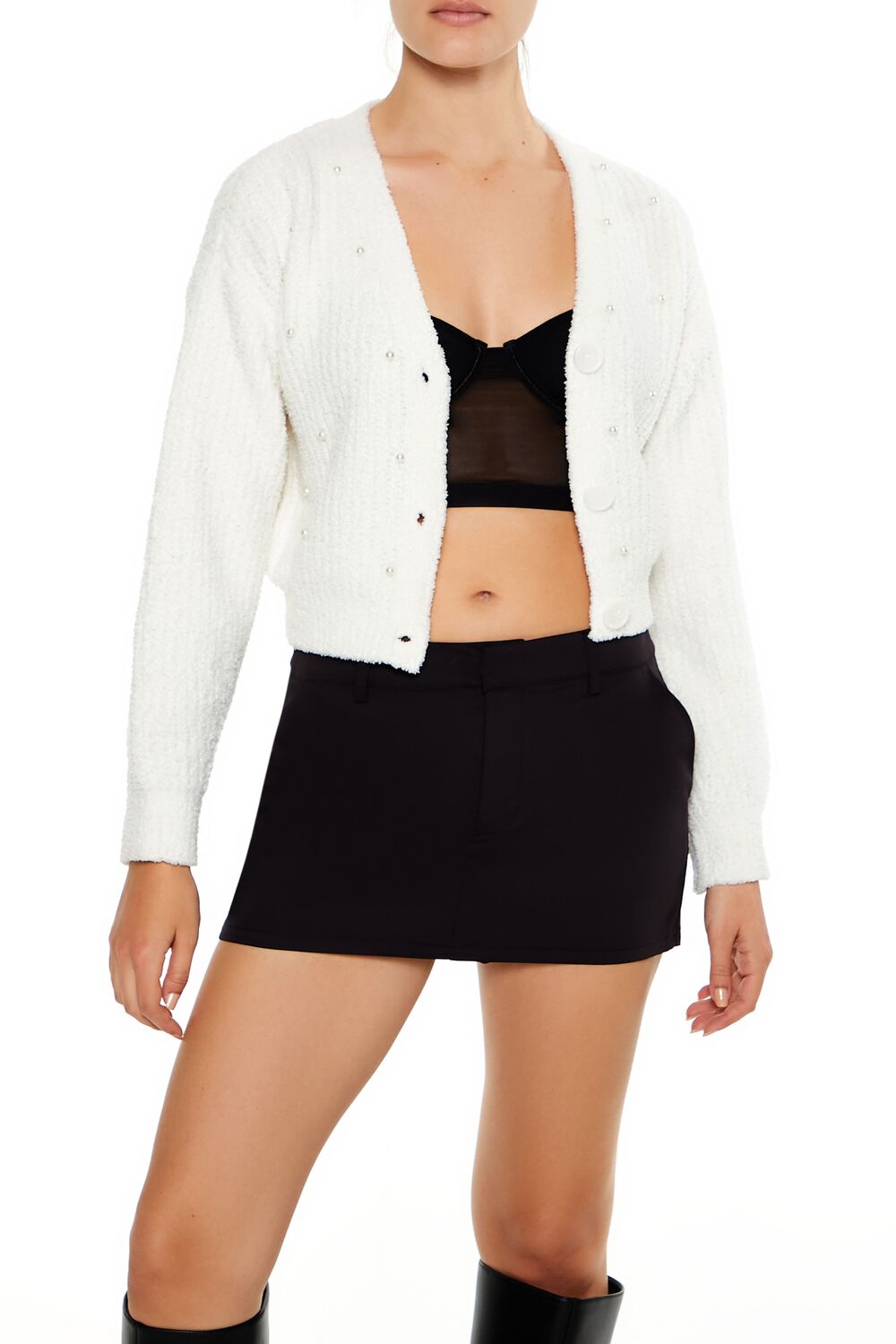  Forever 21 Faux Pearl Cardigan Sweater - white - Bonton
