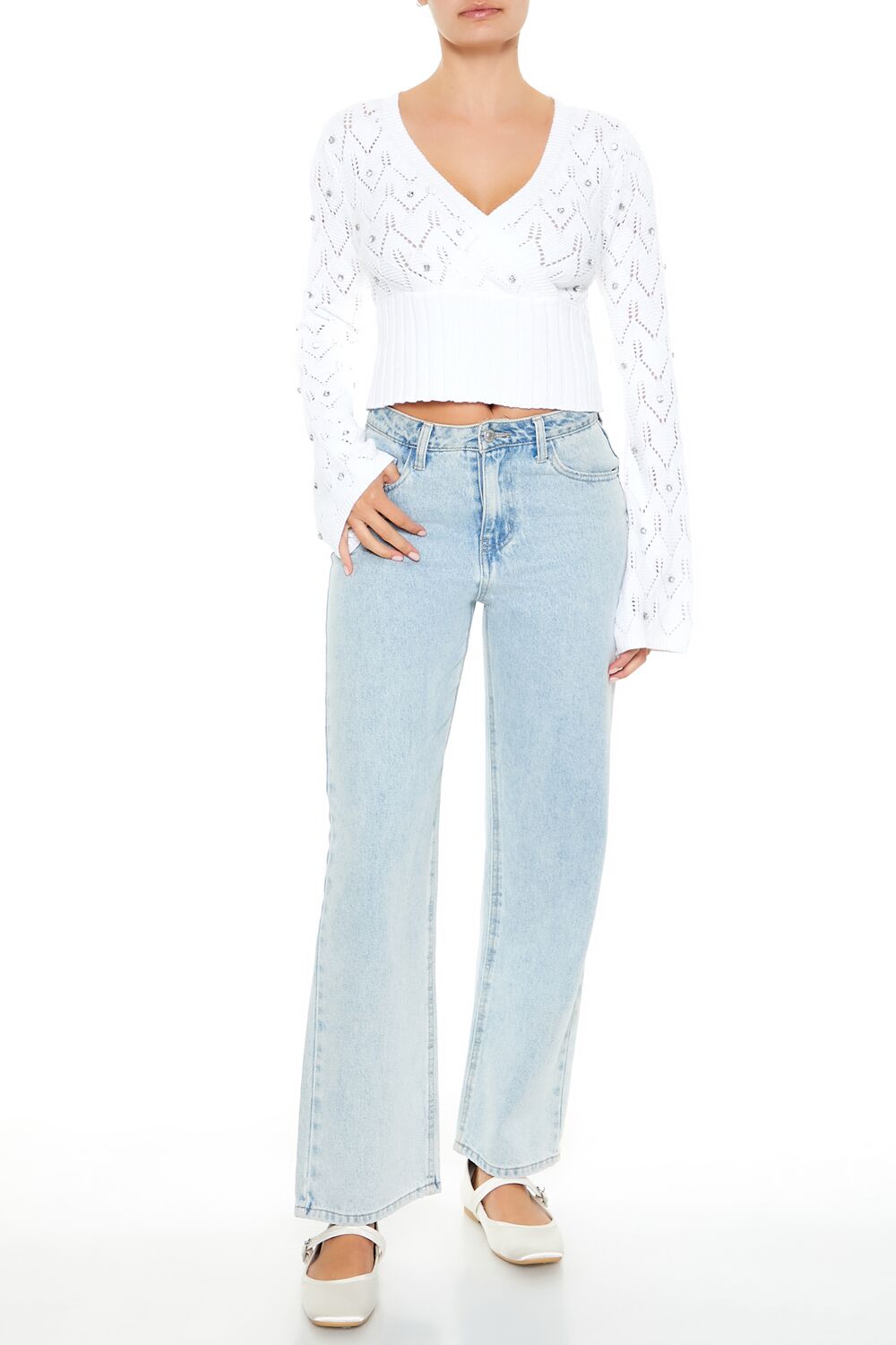  Forever 21 Rhinestone Cropped Sweater - white - Bonton
