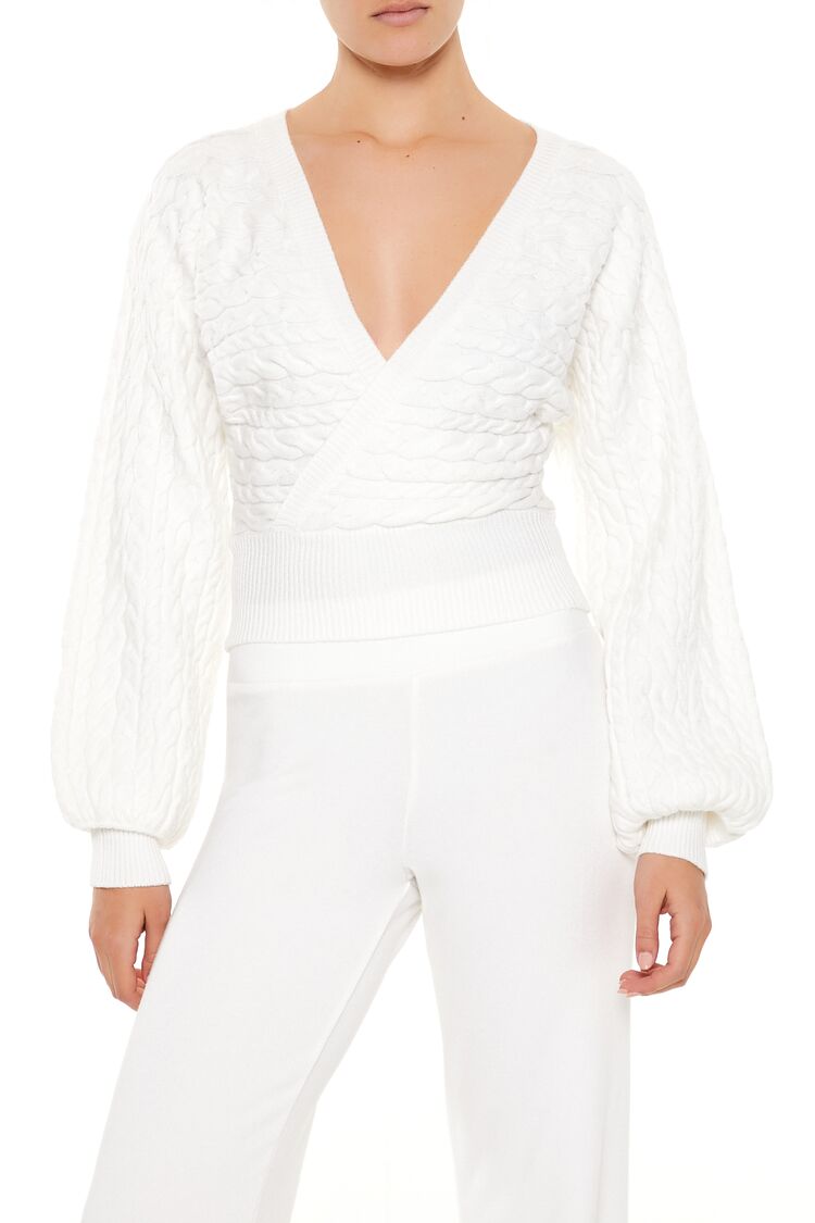  Forever 21 Peasant-Sleeve Cable Knit Sweater - white - Bonton