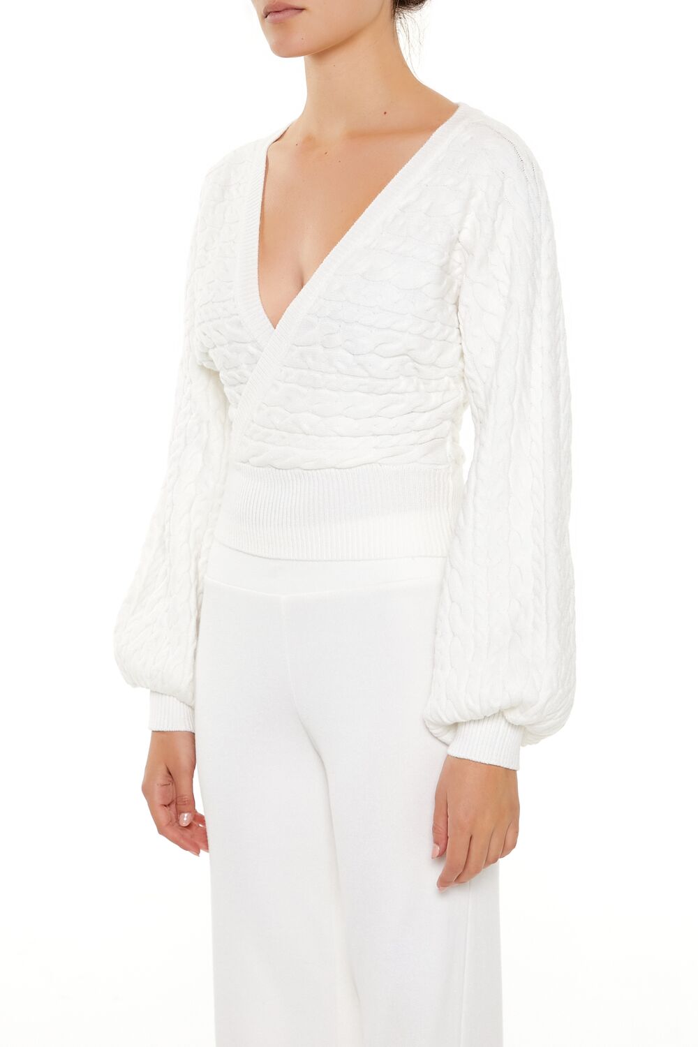  Forever 21 Peasant-Sleeve Cable Knit Sweater - white - Bonton