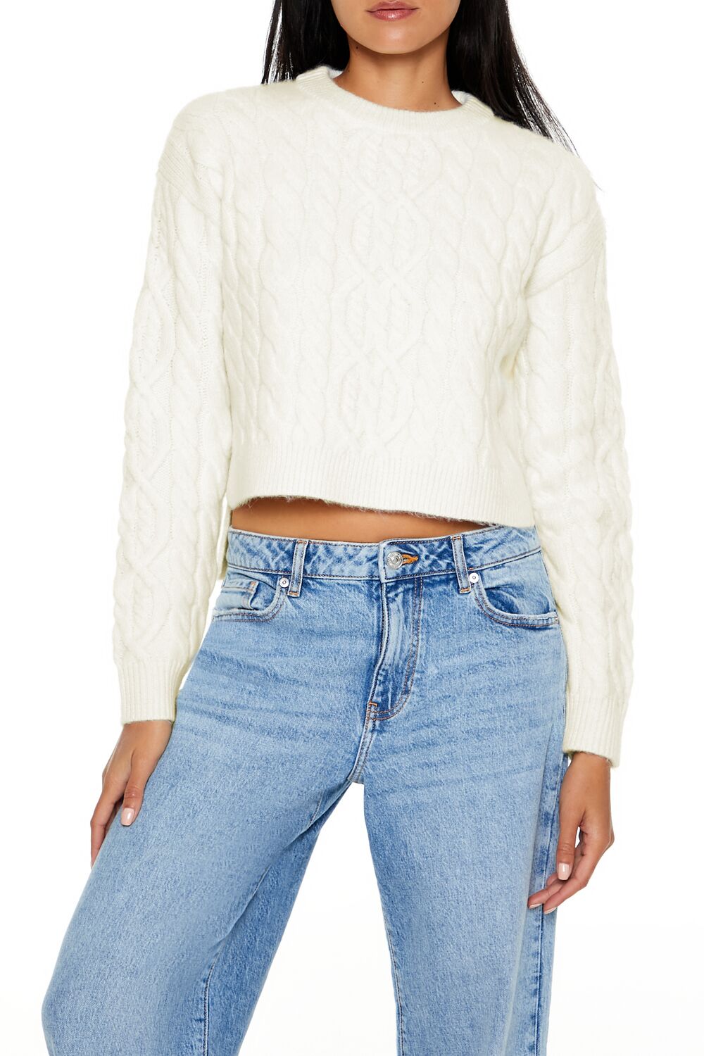  Forever 21 Cropped Cable Knit Sweater - egret - Bonton