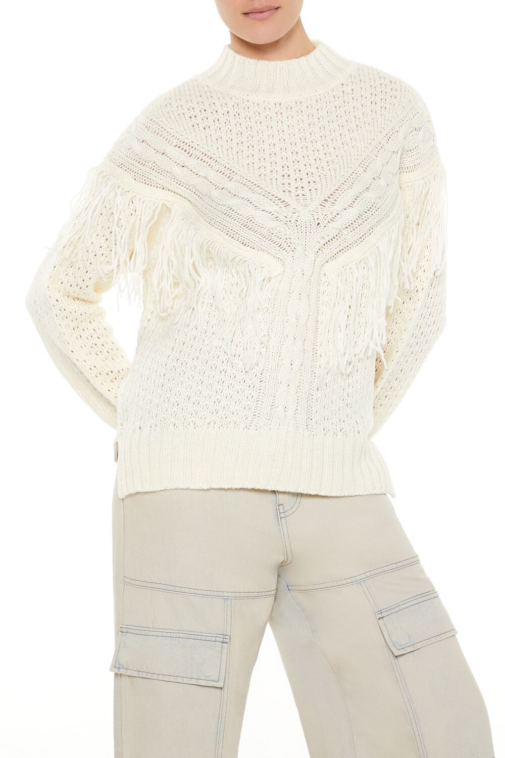  Forever 21 Fringe-Trim Mock Neck Sweater - egret - Bonton