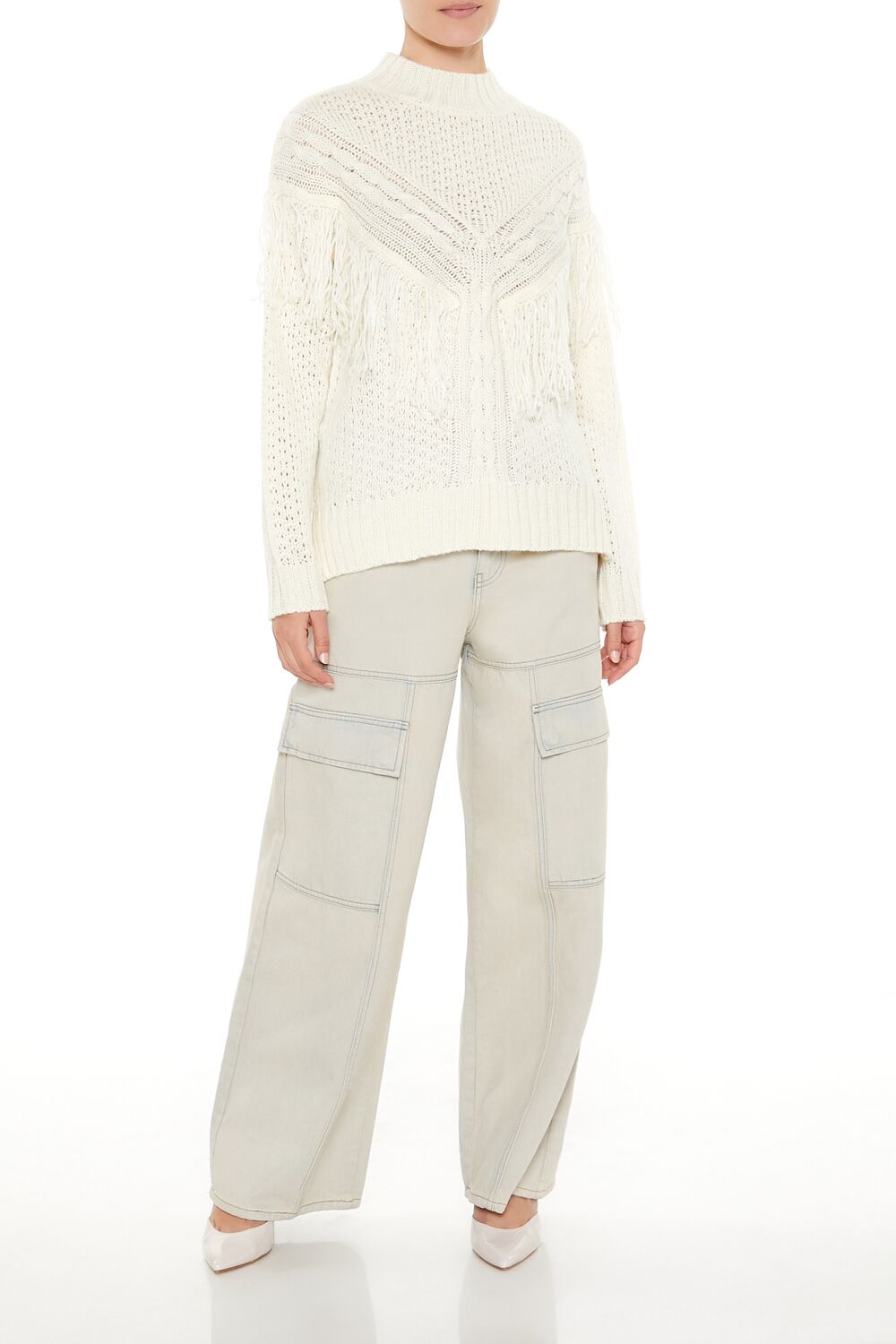  Forever 21 Fringe-Trim Mock Neck Sweater - egret - Bonton