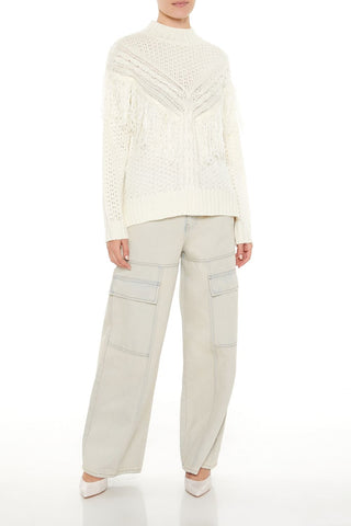 Fringe-Trim Mock Neck Sweater