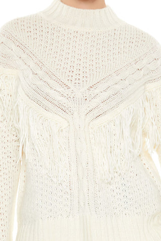 Fringe-Trim Mock Neck Sweater