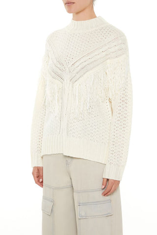 Fringe-Trim Mock Neck Sweater