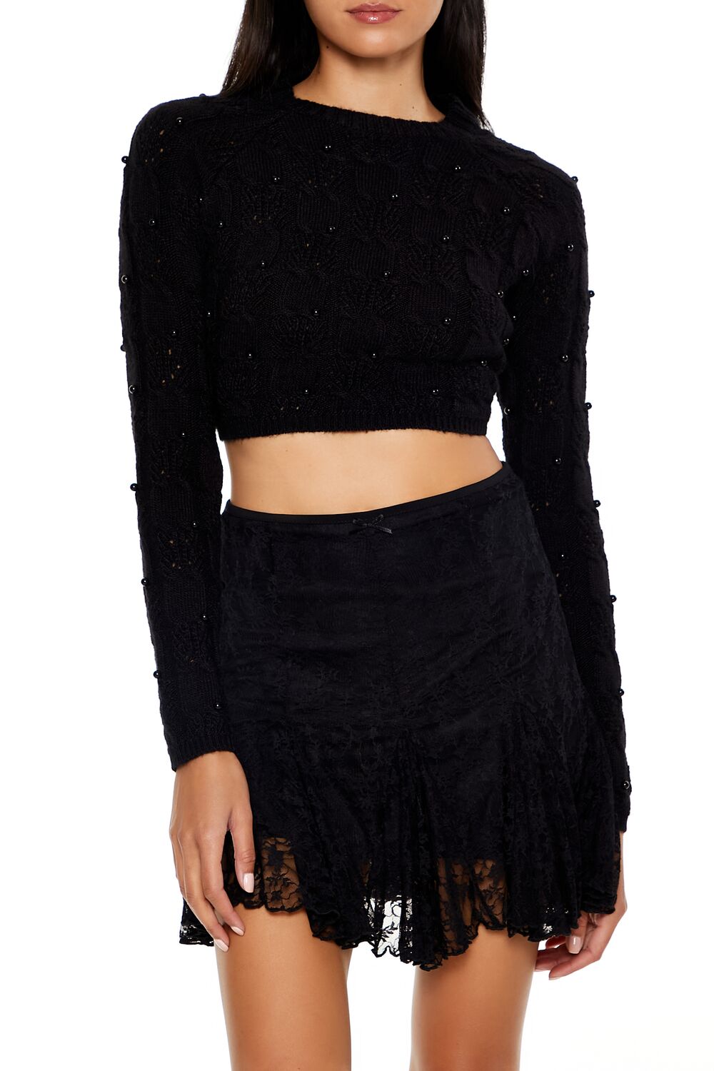  Forever 21 Beaded Cropped Cable Knit Sweater - black - Bonton
