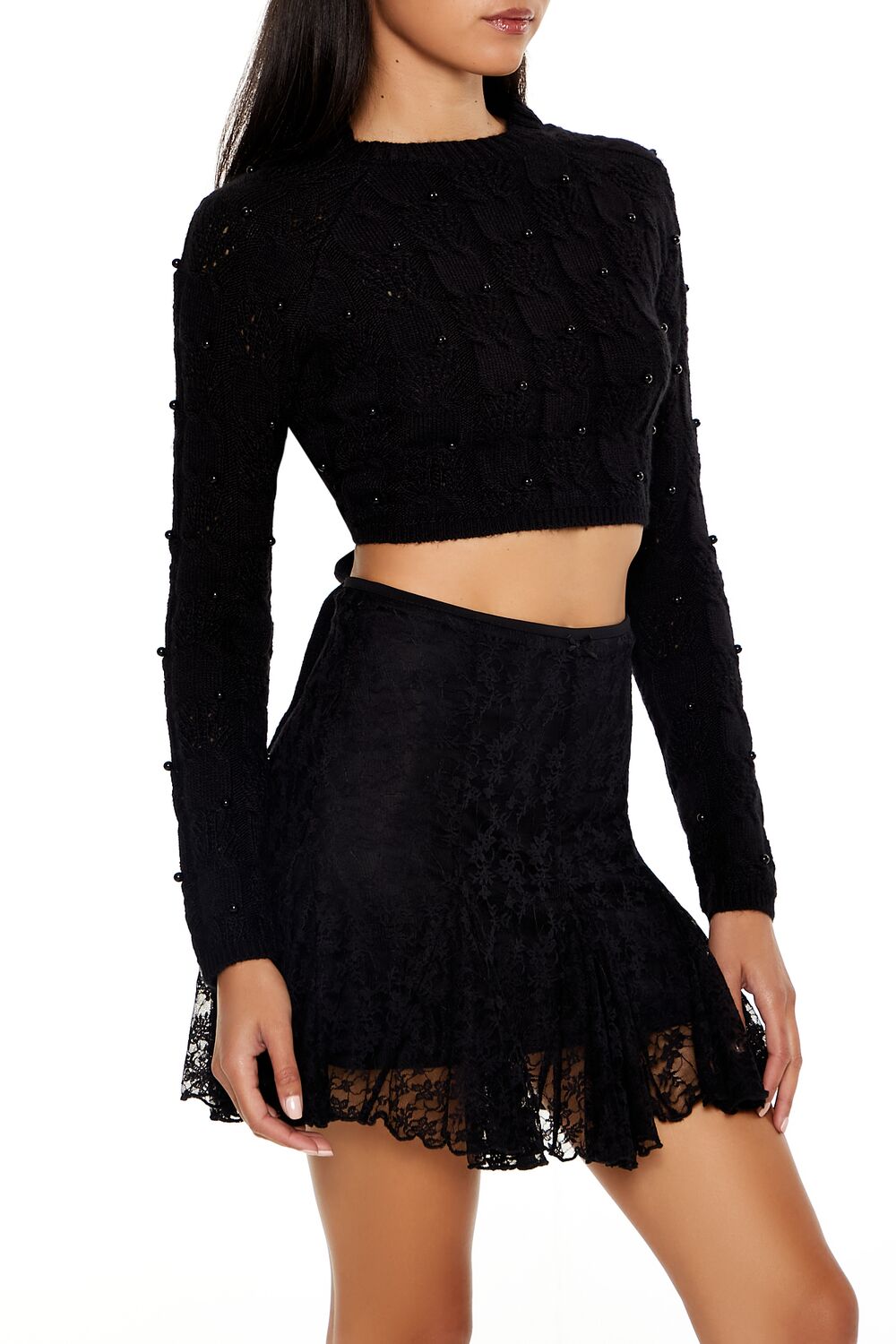  Forever 21 Beaded Cropped Cable Knit Sweater - black - Bonton