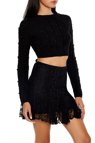 Beaded Cropped Cable Knit Sweater