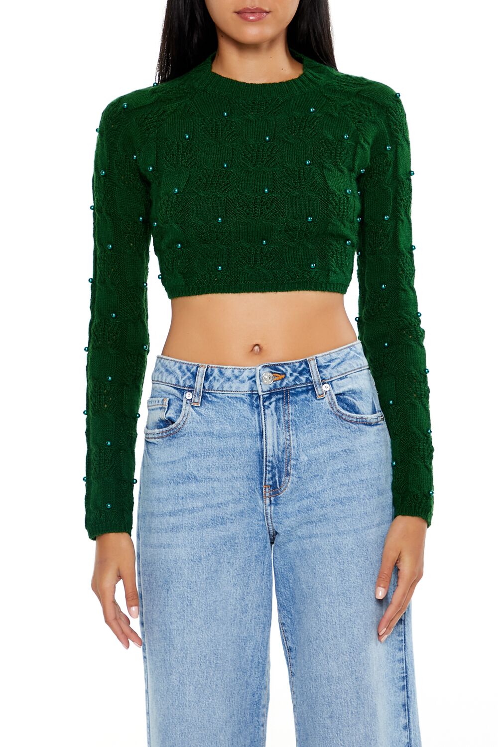  Forever 21 Beaded Cropped Cable Knit Sweater - black - Bonton