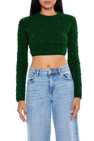 Beaded Cropped Cable Knit Sweater