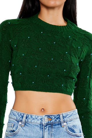 Beaded Cropped Cable Knit Sweater