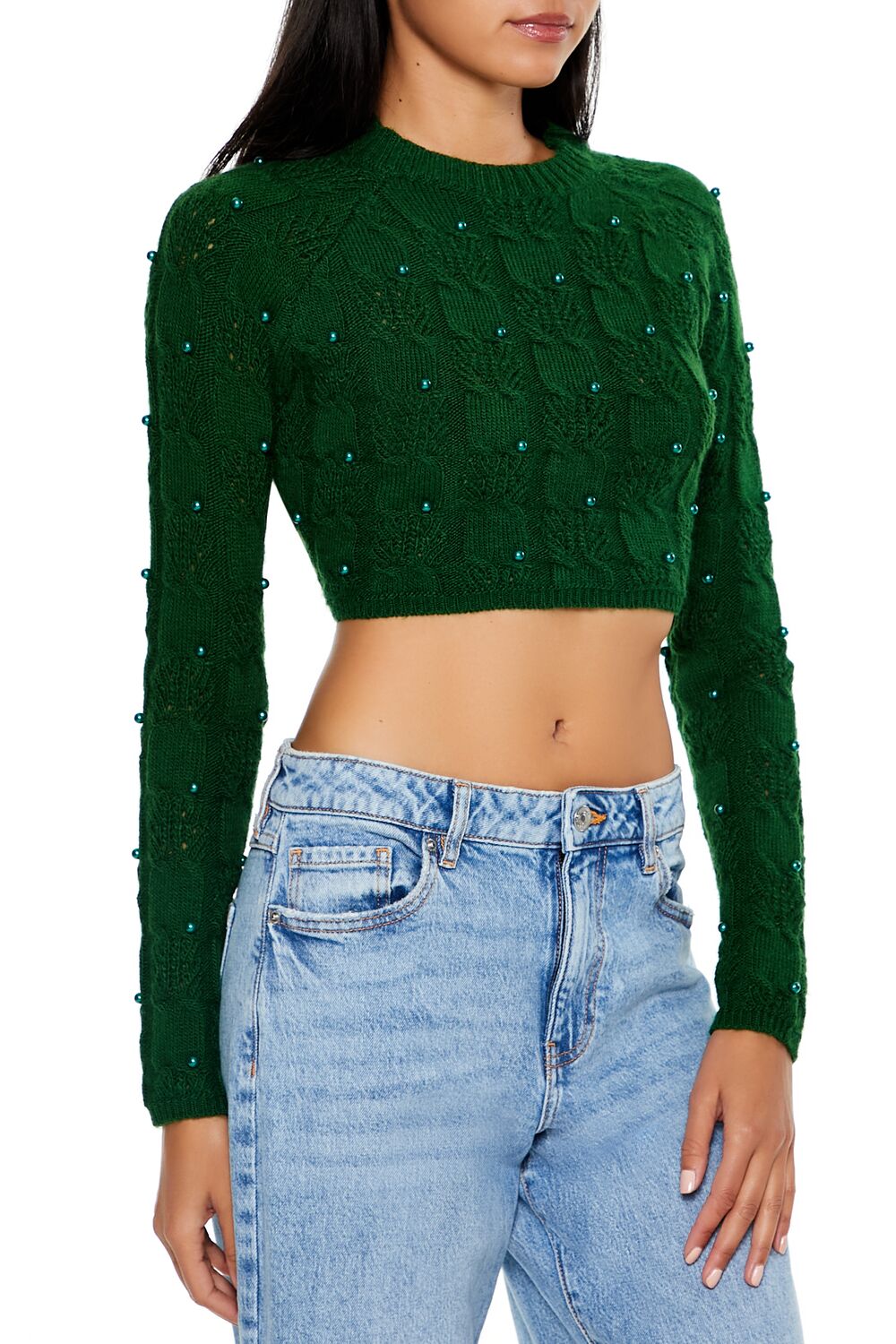  Forever 21 Beaded Cropped Cable Knit Sweater - black - Bonton