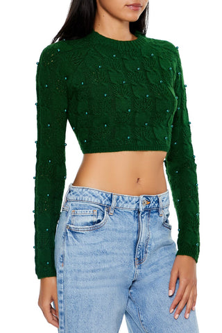 Beaded Cropped Cable Knit Sweater