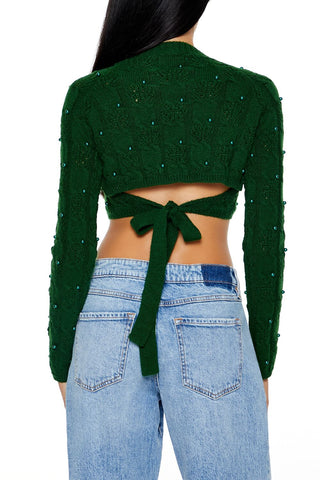 Beaded Cropped Cable Knit Sweater