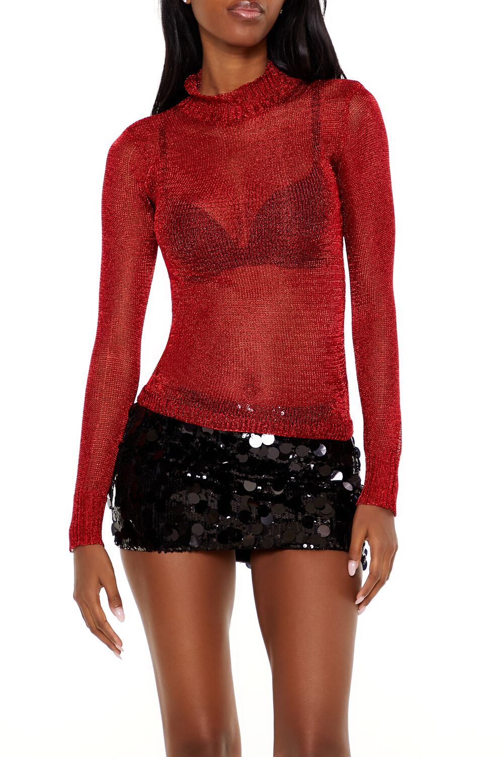  Forever 21 Sheer Glitter Turtleneck Sweater - dark red - Bonton