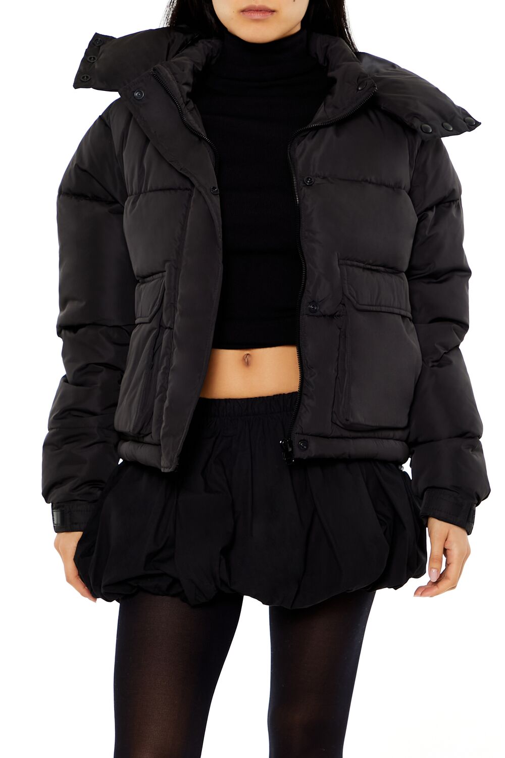  Forever 21 Hooded Drawstring Puffer Jacket - black-swatch - Bonton