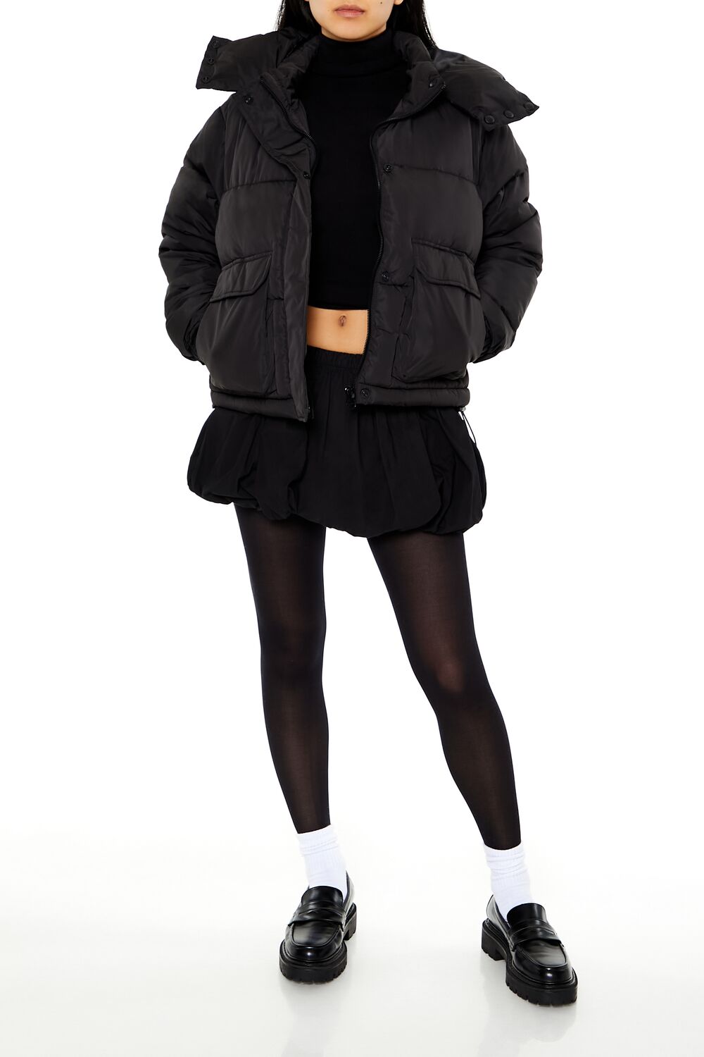  Forever 21 Hooded Drawstring Puffer Jacket - black-swatch - Bonton