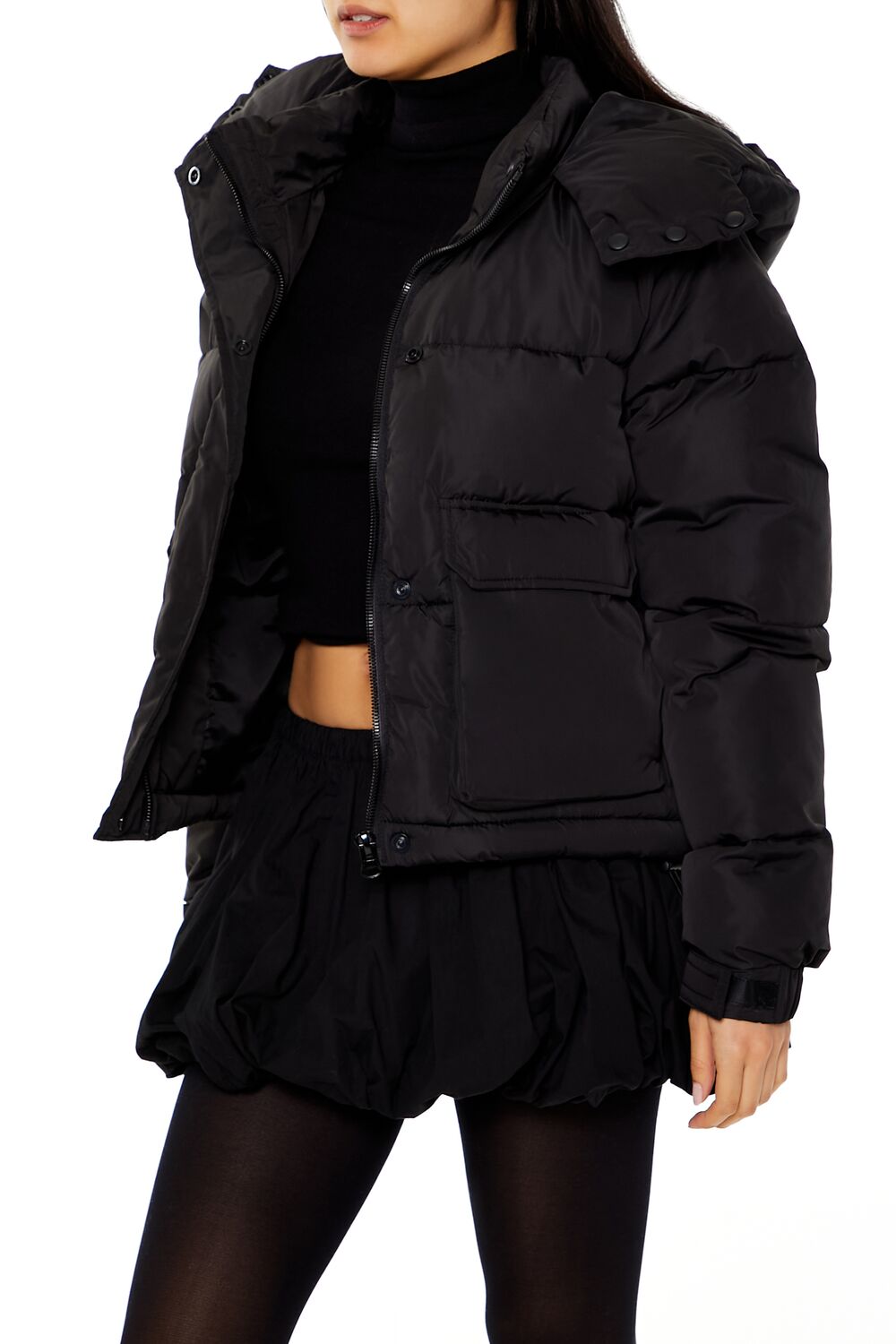  Forever 21 Hooded Drawstring Puffer Jacket - black-swatch - Bonton