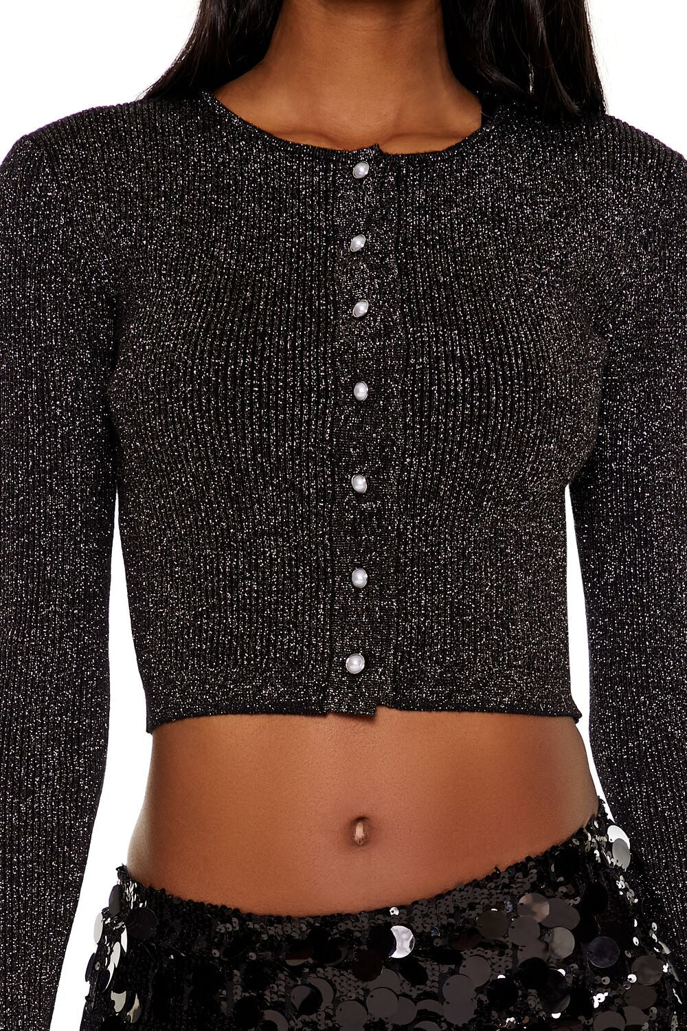  Forever 21 Faux Pearl Glitter Cardigan Sweater - black - Bonton