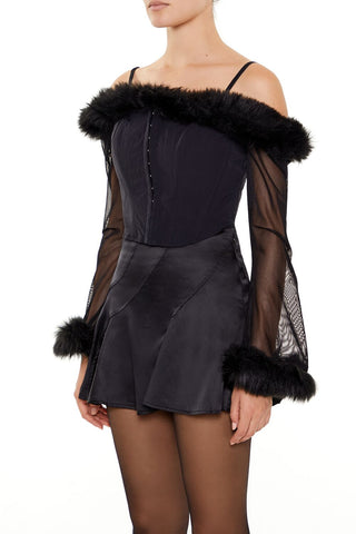 Faux Fur-Trim Open-Shoulder Top