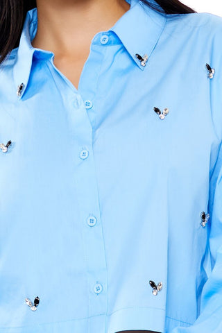 Cropped Faux Gem Poplin Shirt
