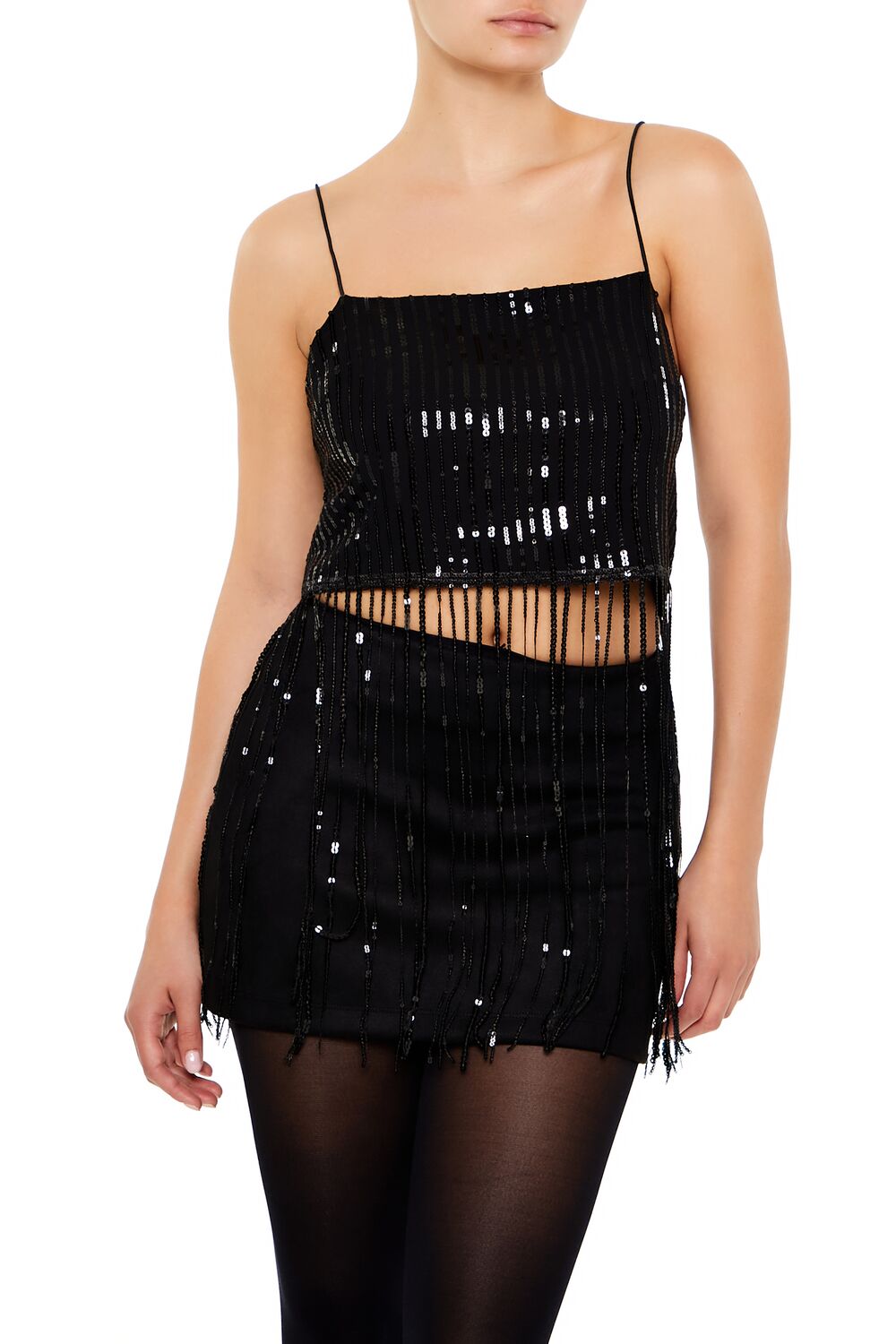  Forever 21 Sequin Fringe Cropped Cami - black - Bonton
