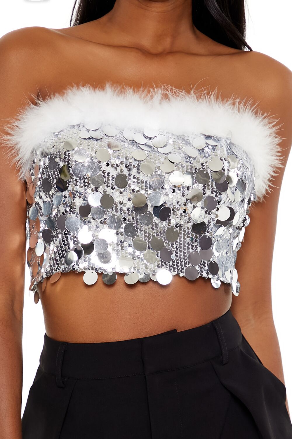  Forever 21 Sequin Faux Feather-Trim Tube Top - silver - Bonton
