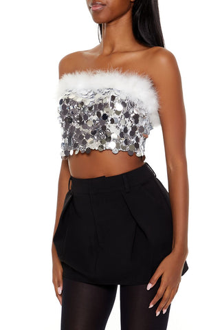 Sequin Faux Feather-Trim Tube Top