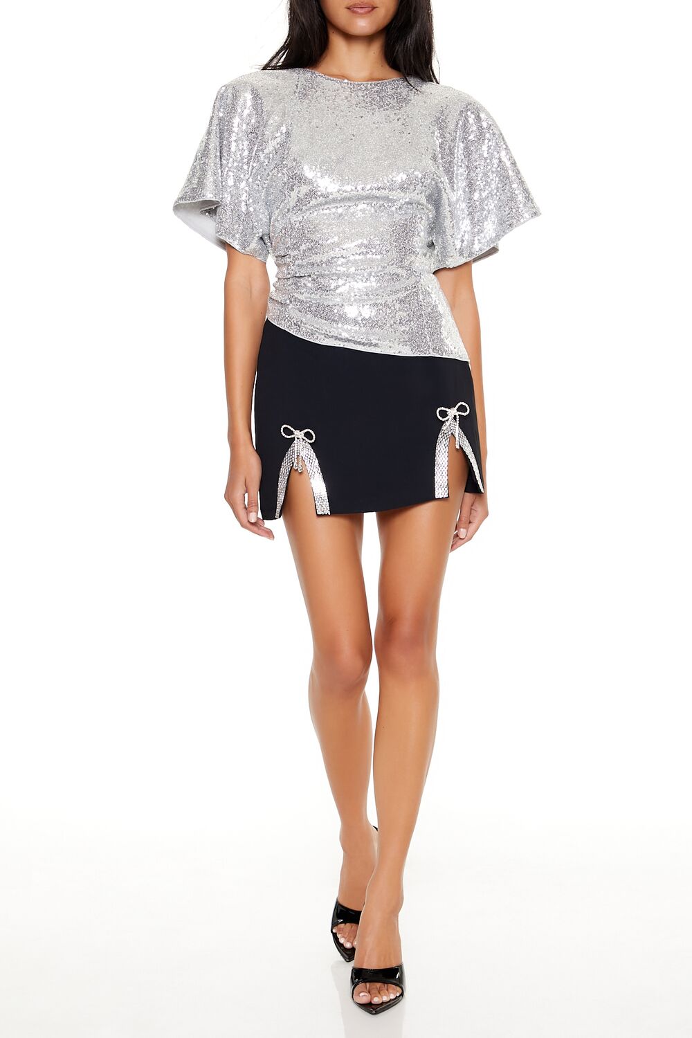  Forever 21 Sequin Butterfly-Sleeve Top - silver - Bonton