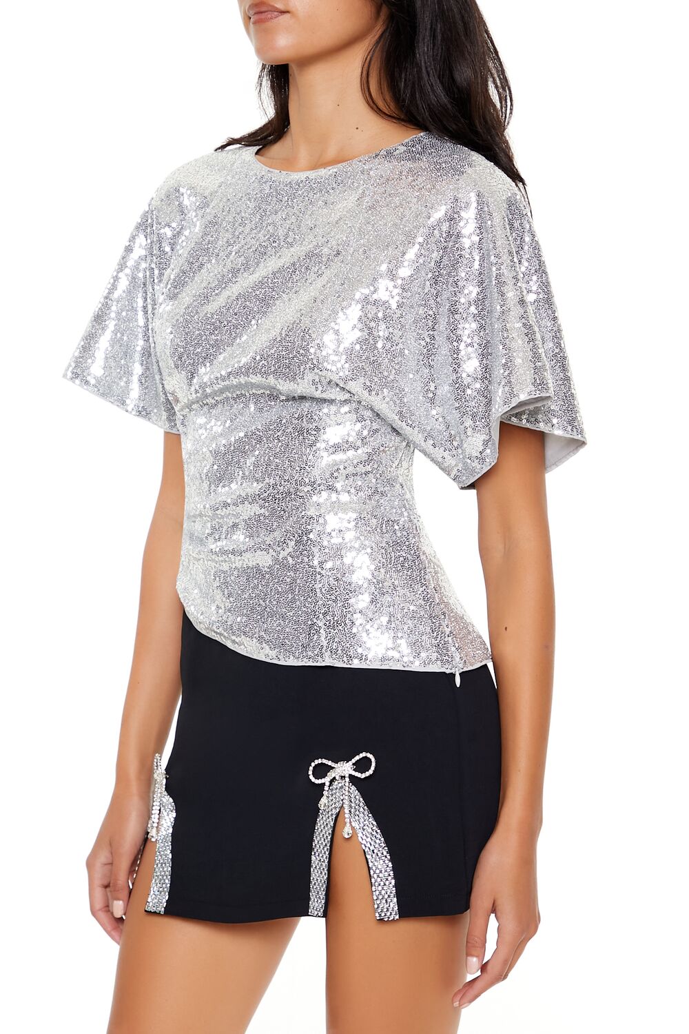  Forever 21 Sequin Butterfly-Sleeve Top - silver - Bonton