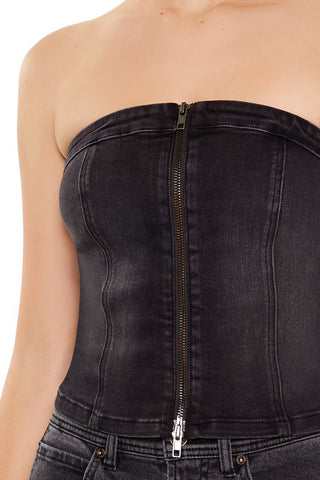 Denim Zip-Front Cropped Tube Top