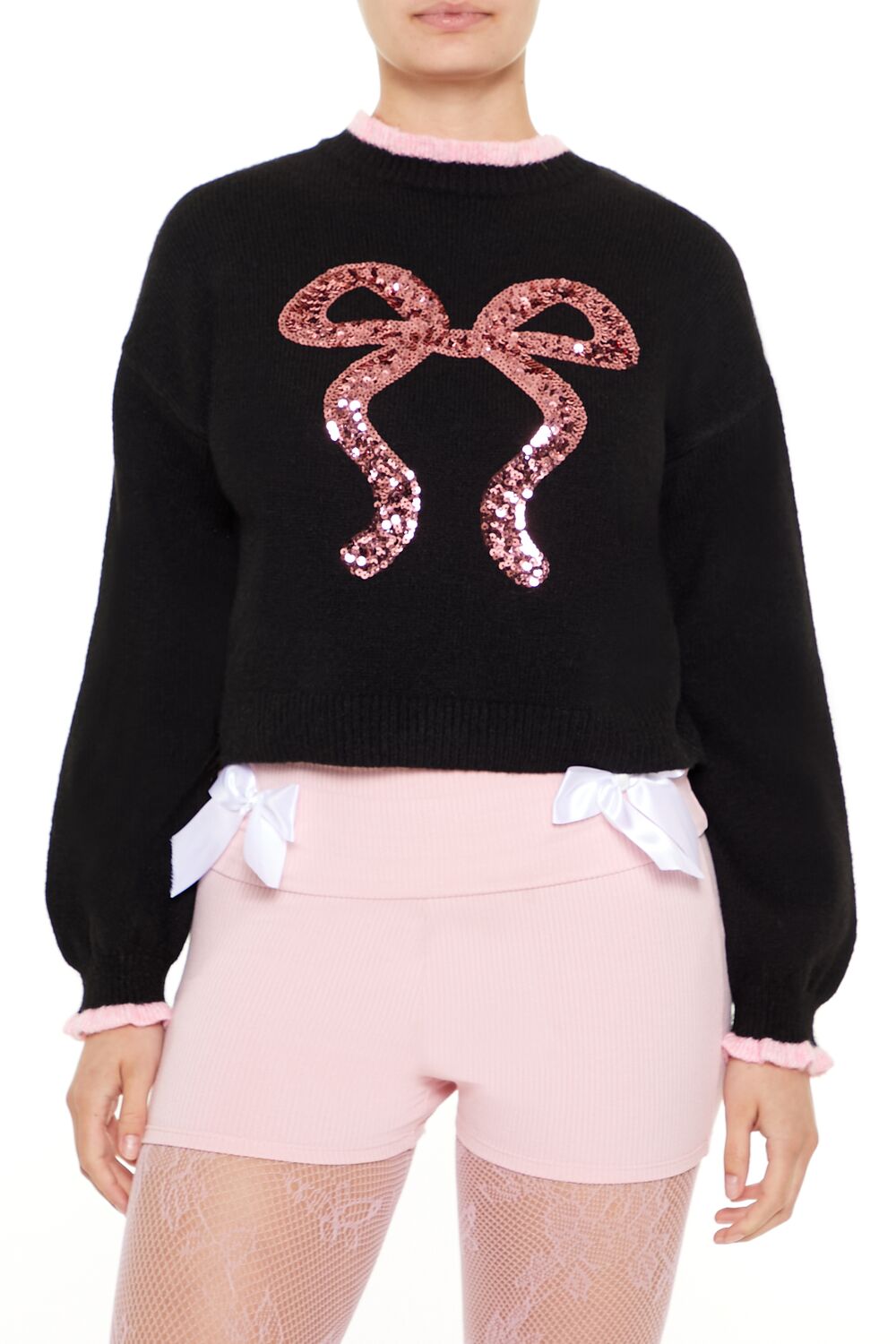  Forever 21 Sequin Bow Mock Neck Sweater - black pink - Bonton