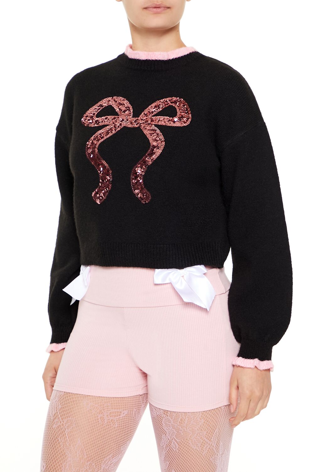  Forever 21 Sequin Bow Mock Neck Sweater - black pink - Bonton