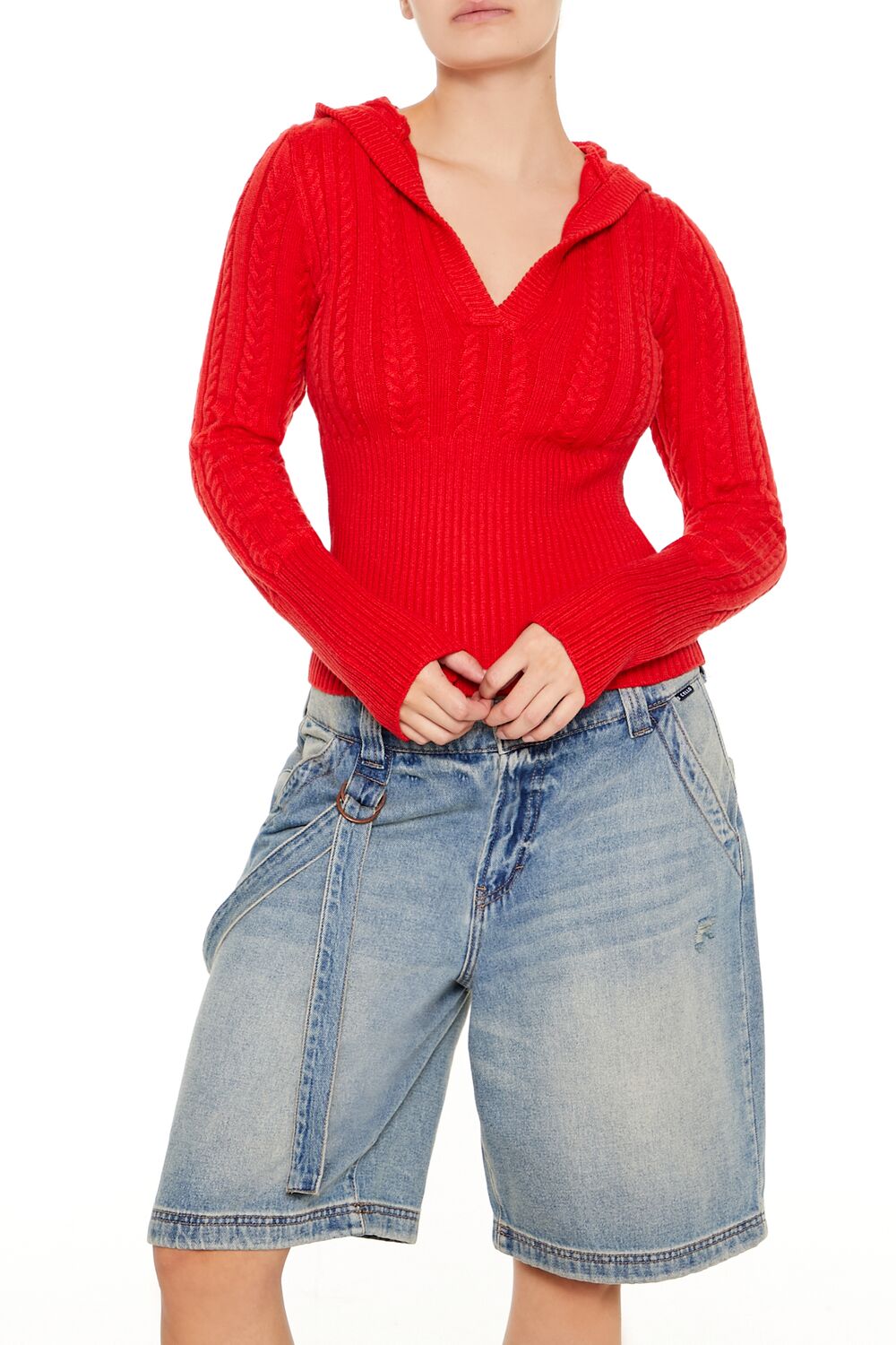  Forever 21 Hooded Cable Knit Sweater - high risk red - Bonton