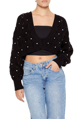 Faux Gem Cropped Cardigan Sweater
