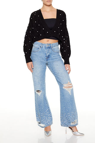 Faux Gem Cropped Cardigan Sweater