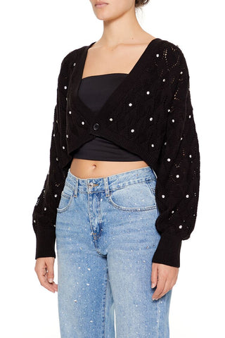 Faux Gem Cropped Cardigan Sweater