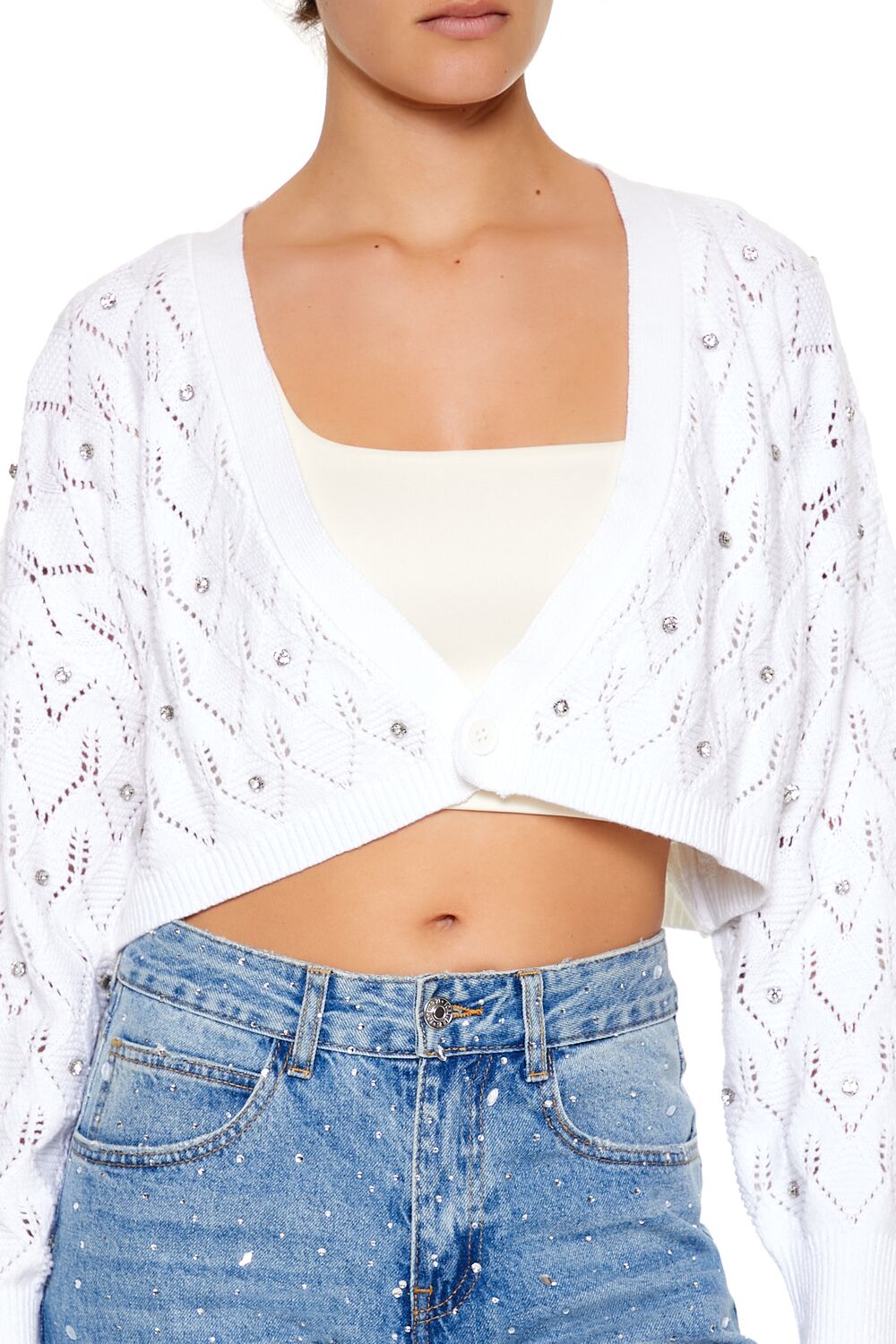  Forever 21 Faux Gem Cropped Cardigan Sweater - black - Bonton