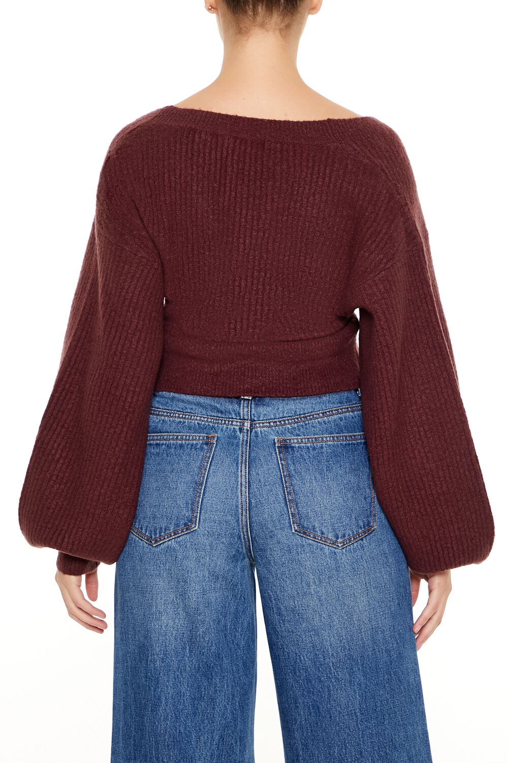  Forever 21 Peasant-Sleeve Surplice Sweater - merlot - Bonton
