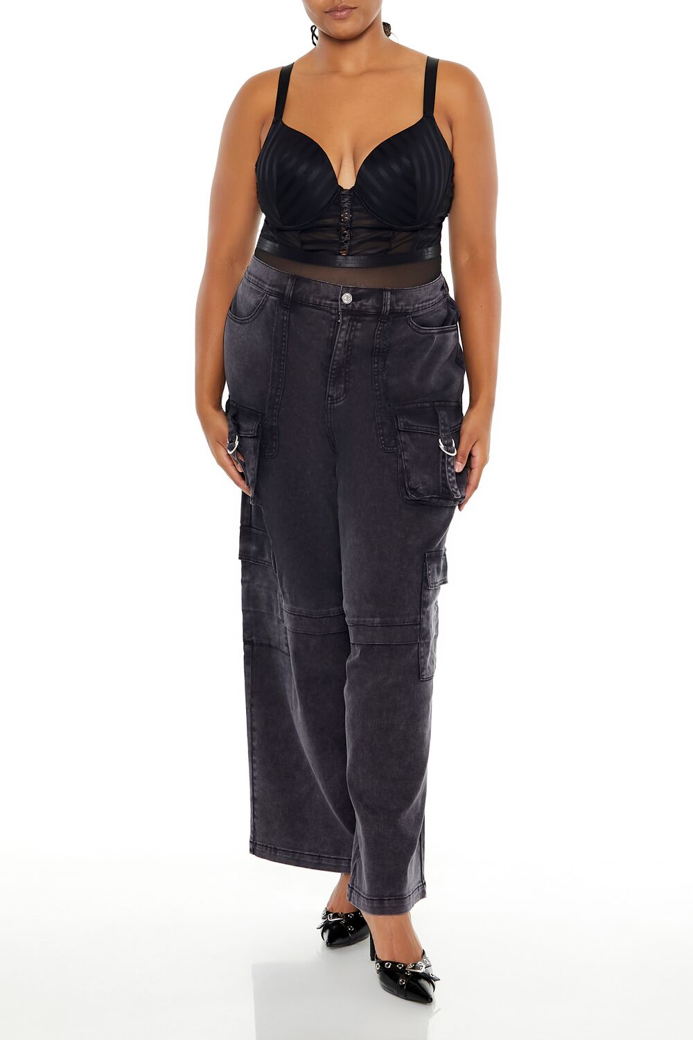  Forever 21 Plus Size Sheer Striped Bodysuit - black - Bonton